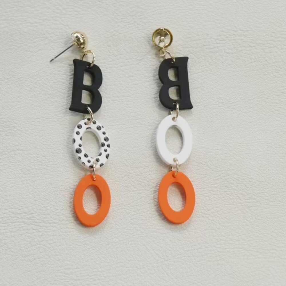 Halloween BOO Acrylic Drop Earrings Black White Orange Polka Dot Dangle Jewelry - Picture 5 of 8